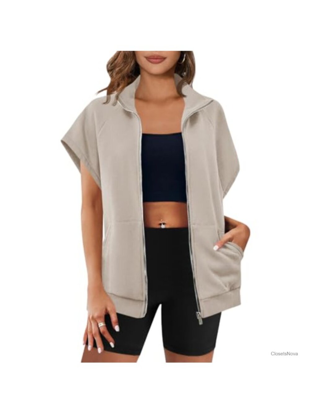 Zip Up Sleeveless Oversized Sweatshirt Vest Collared Pockets